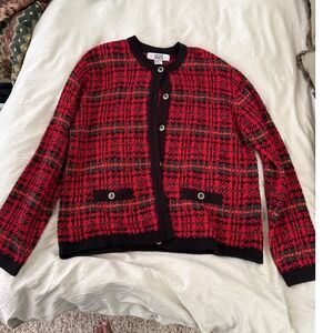 Vintage Seque Red Plaid Cardigan Sweater Knit Button Up Small‎ Academia